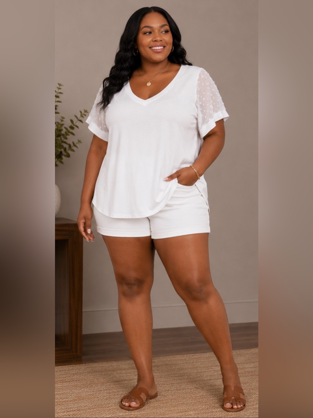 Plus Size Women's White V-Neck Short Sleeve Tee with Sheer Dot Sleeves